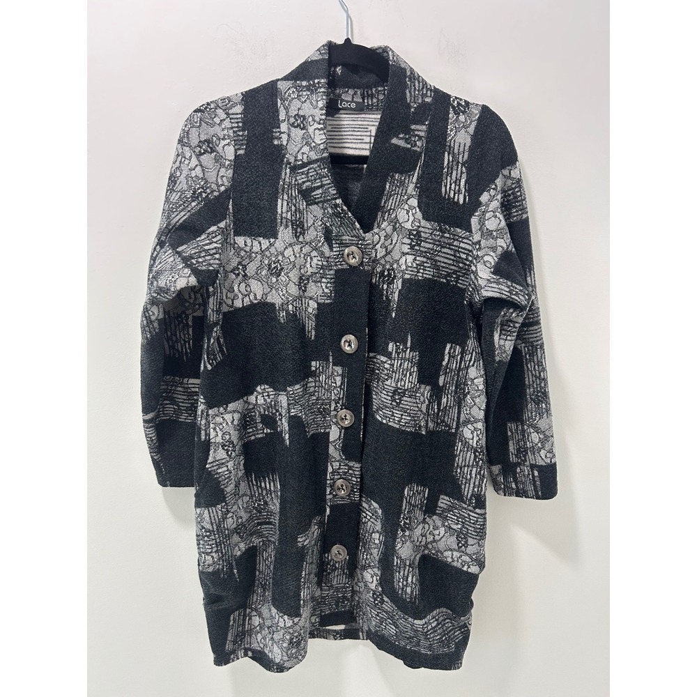 Lace Womens Black White Abstract Geometric Lace Print Button Front Cardigan Coat